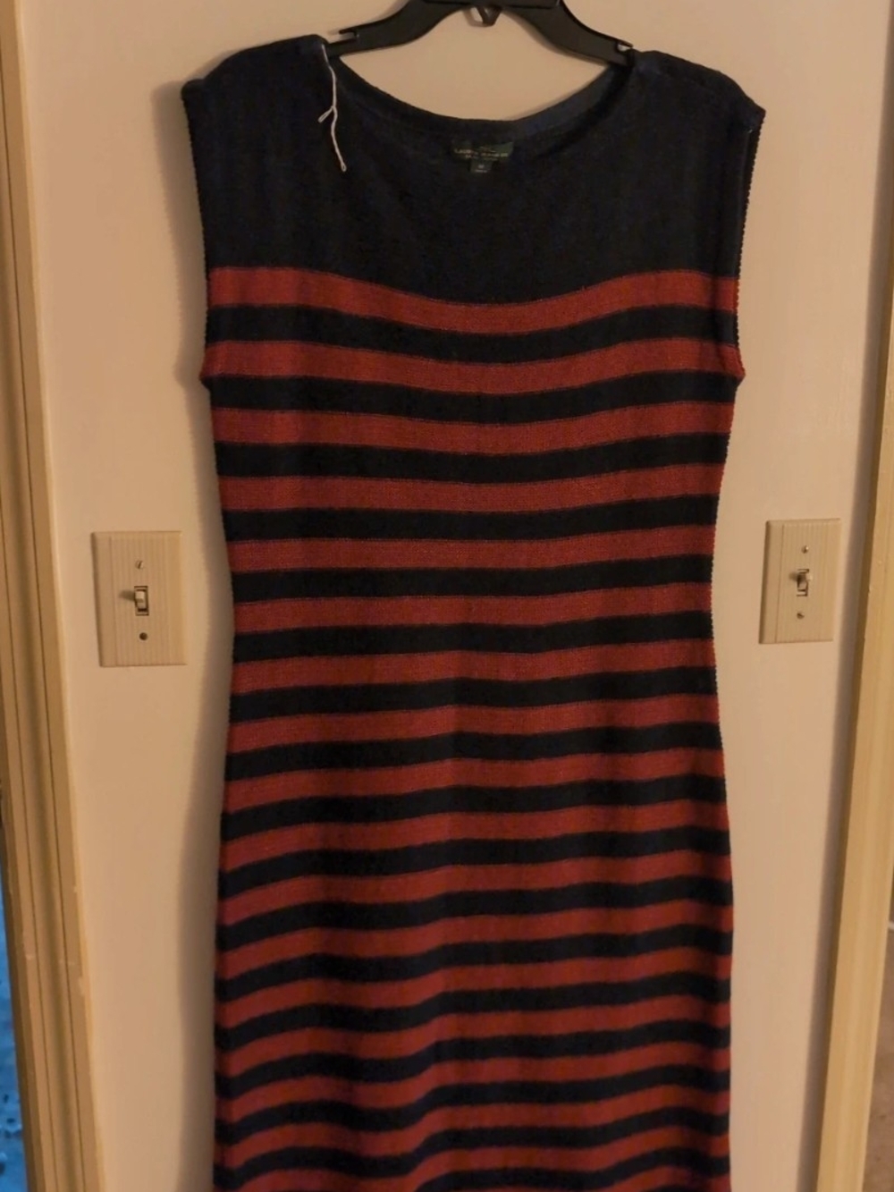 Ralph Lauren Navy and Burgundy Striped Knit Sheath Dress